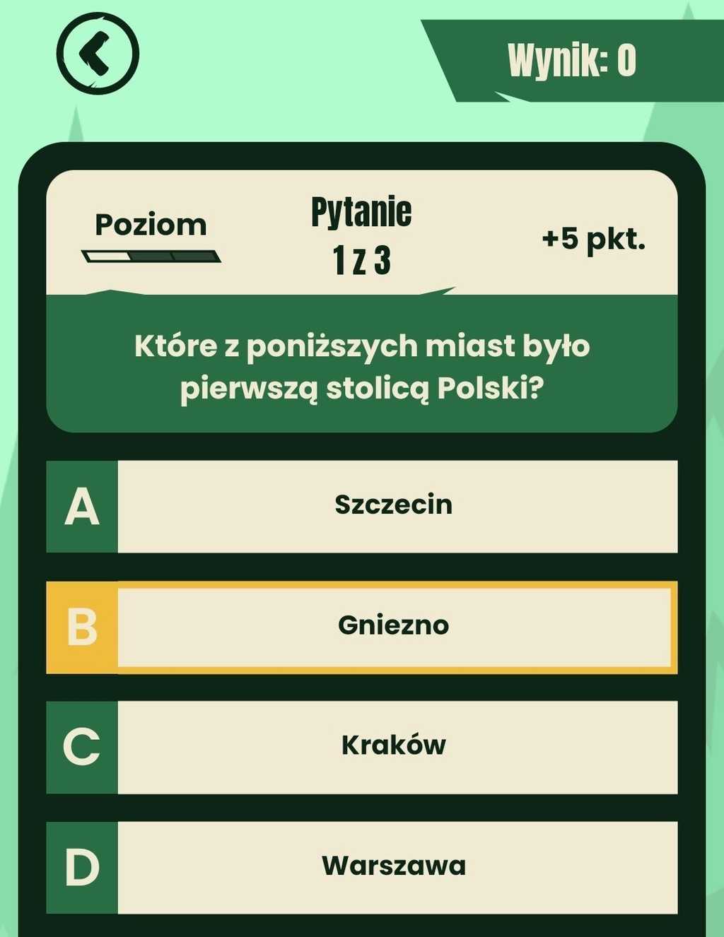 Zmiana odpowiedzi - Podgląd aplikacji. Widok quizu, pytanie "Ktore z miast było pierwszą stolicą Polski?", odpowiedzi: A - Szczecin, B - Gniezno (odpowiedź zaznaczona na żółto), C - Kraków, D - Warszawa