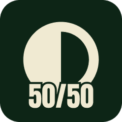 Dwie odpowiedzi - Ikona zakolorowanego w połowie koła z dopisem 50 na 50 na dole