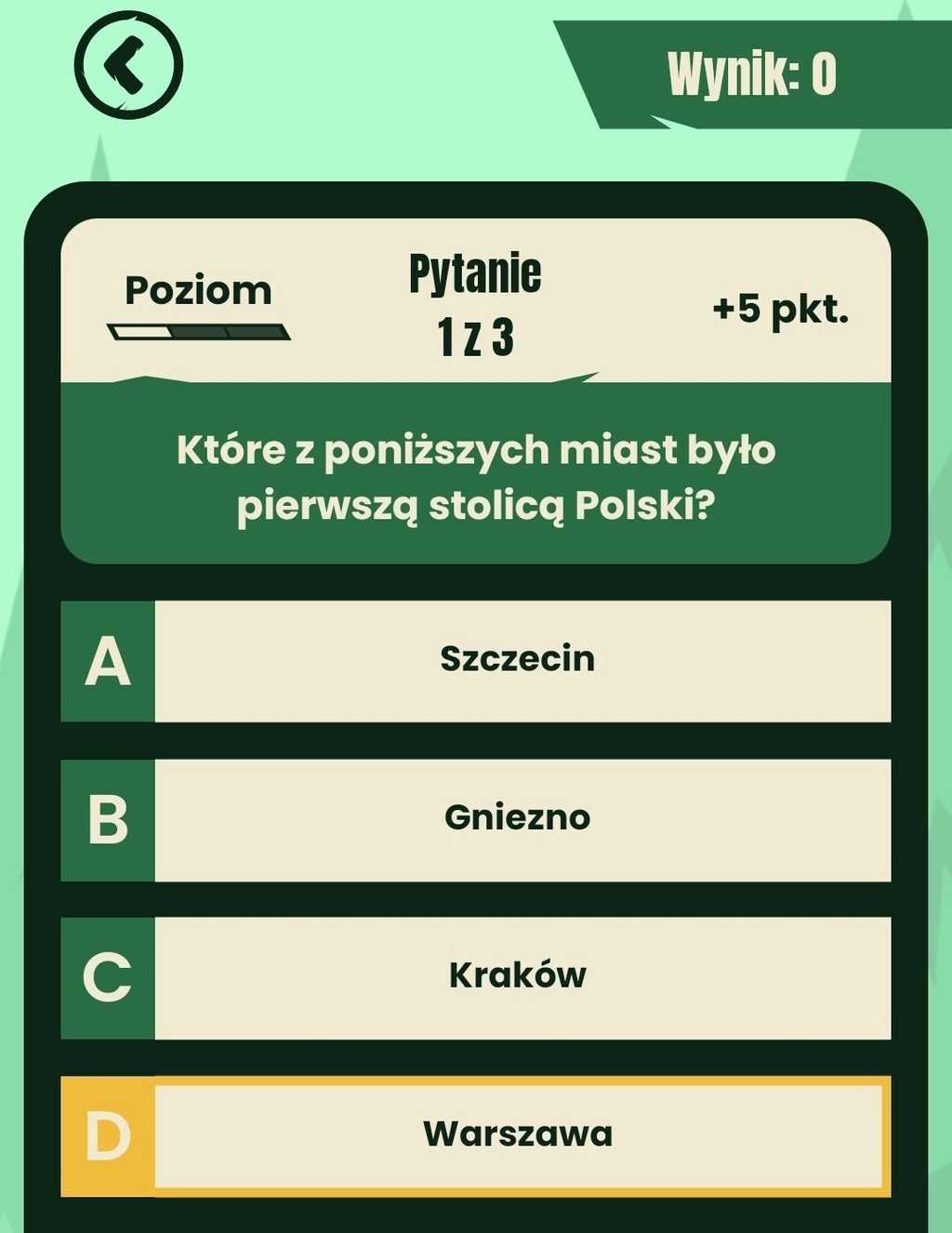 Oznaczenie odpowiedzi - Podgląd aplikacji. Widok quizu, pytanie "Ktore z miast było pierwszą stolicą Polski?", odpowiedzi: A - Szczecin, B - Gniezno, C - Kraków, D - Warszawa (odpowiedź zaznaczona na żółto)