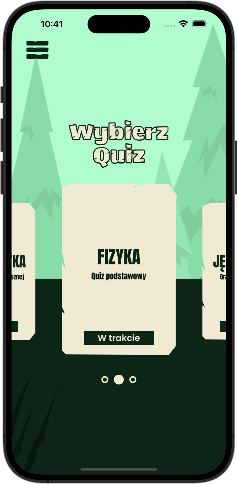 Podgląd aplikacji na urządzeniu mobilnym. Na górze napisane "wybierz quiz", poniżej karta quizu z napisem "fizyka, quiz podstawowy, w trakcie"